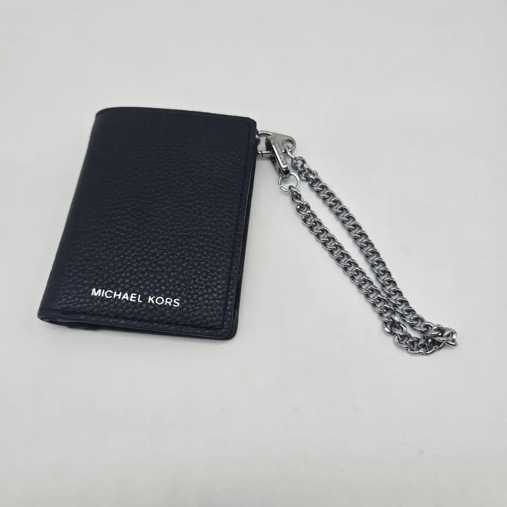 Michael Kors Parfums Faux Leather Wallet ID Card Holder Silver Tone Chain Black